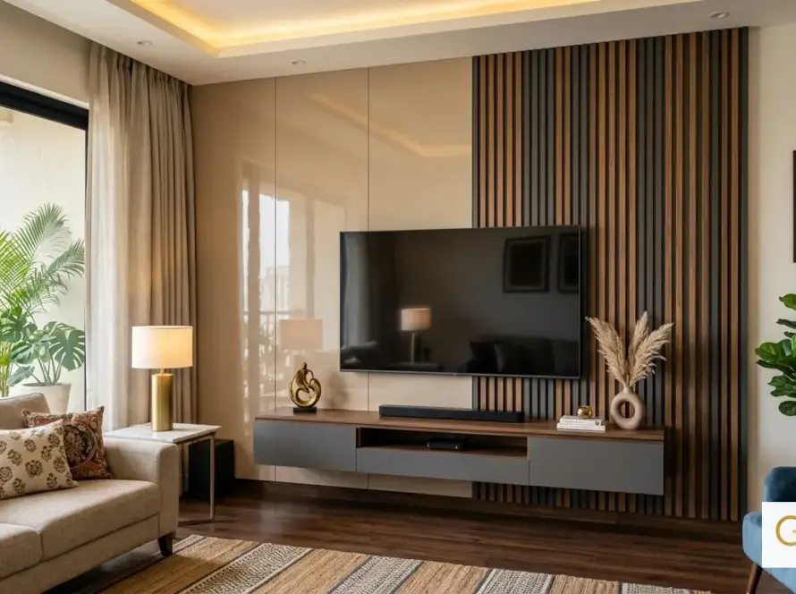 Acrylic laminate panel and PVC louver wall side by side in an Indian home interior