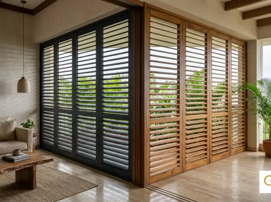 Charcoal louver panels compared with traditional wood louvers in an interior setting