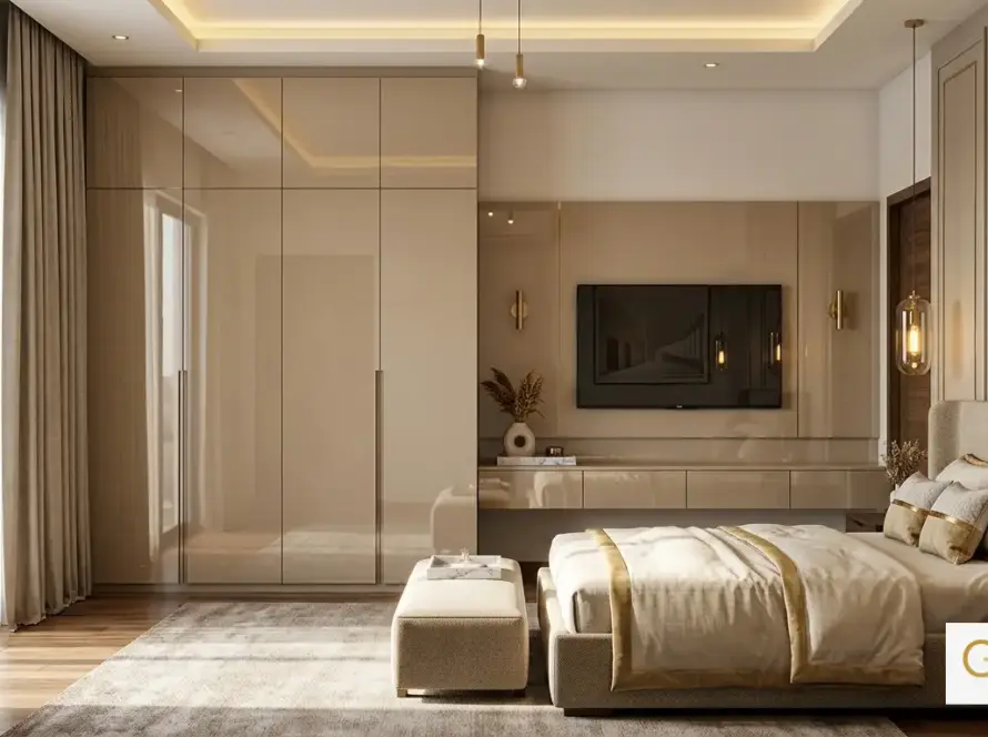 Miracco high-gloss laminate collection by Gloirio on wardrobe and feature panels