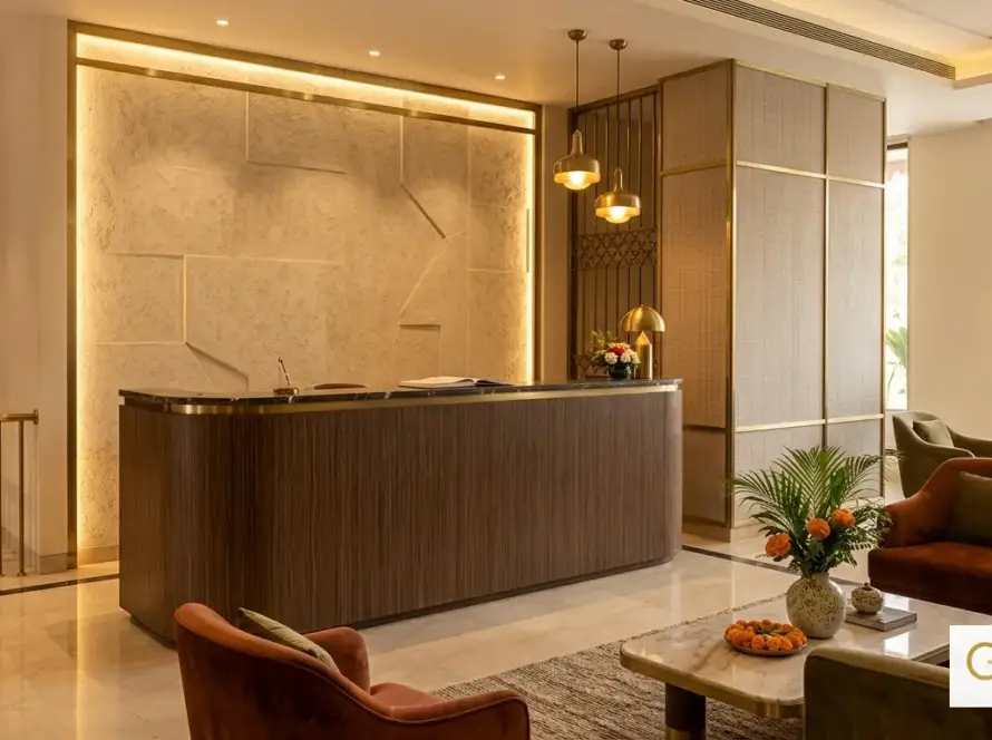 Textured laminate panels in a commercial hospitality interior by Gloirio