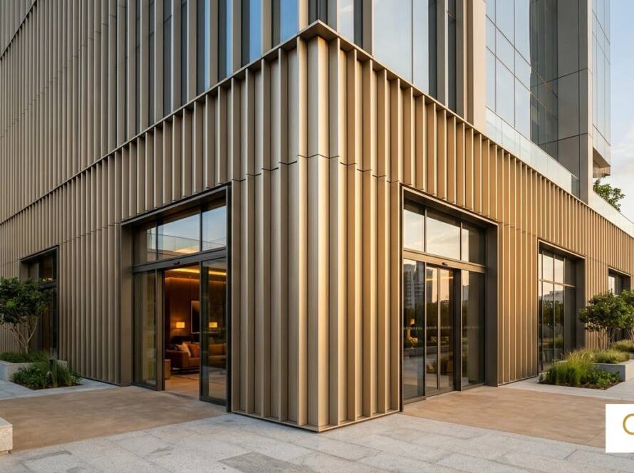 Gloirio Aluluxe pure aluminium panel facade cladding on a commercial building entrance