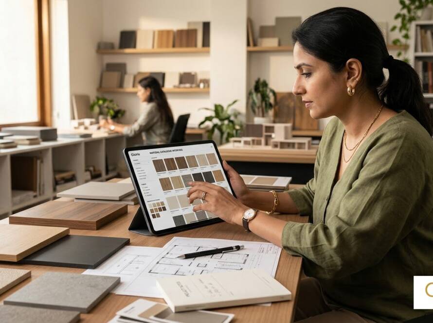 Interior designer browsing the Gloirio Lamiteq interactive laminate catalogue on a tablet
