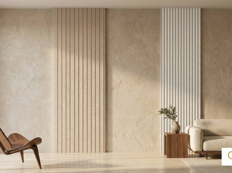 Gloirio Stucco Collection textured wall panel finish in a modern living room with fluted accent panels