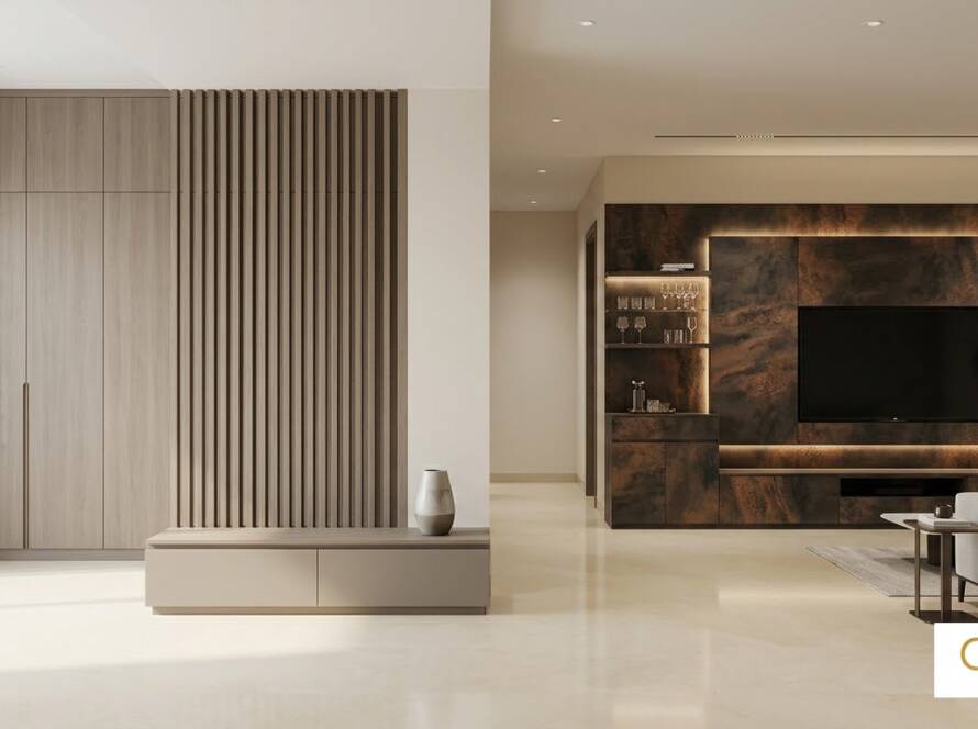 Living room wardrobe and TV feature wall finished in Gloirio Sirocco and Styro laminate collections