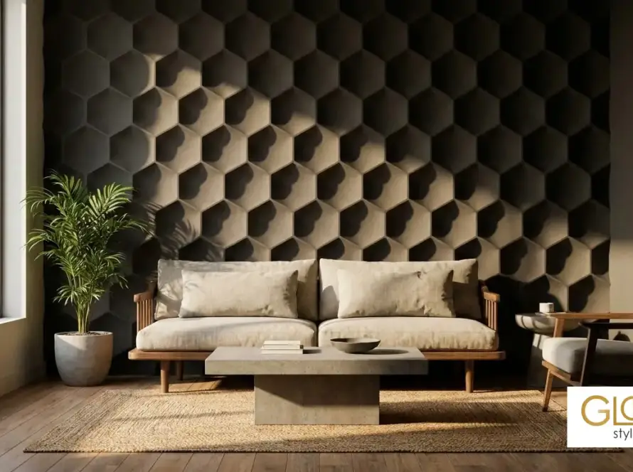 Dark 3D hexagon wall panel accent wall with wood-tone hexagon inserts in a modern living room