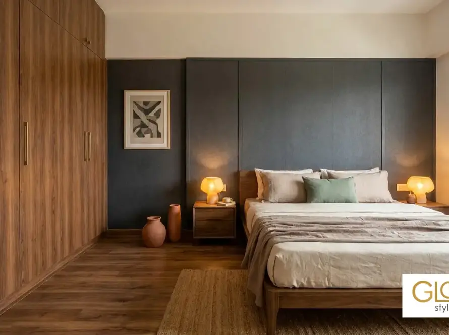 Bedroom with warm woodgrain laminate wardrobe and a charcoal textured headboard wall panel