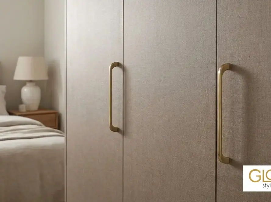 Close-up of a fabric-textured Fibrano laminate wardrobe front with brass handles in a bedroom
