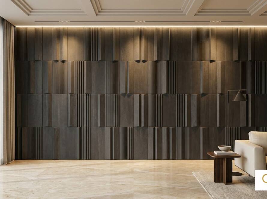Gloirio Emporio Signature interlocking charcoal panel feature wall in a living room