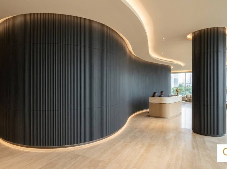 Gloirio Iris Curve flexible seamless charcoal panel on a curved reception wall and columns
