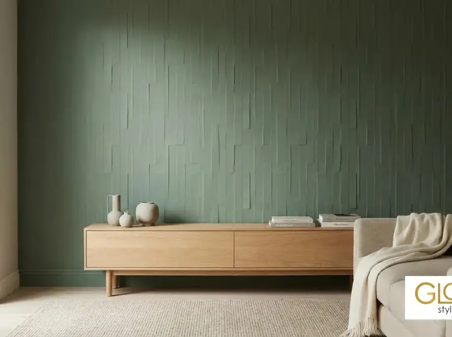 Sage green painted vertical textured wall panel behind a wood TV console, showing a Stencil-style paintable finish