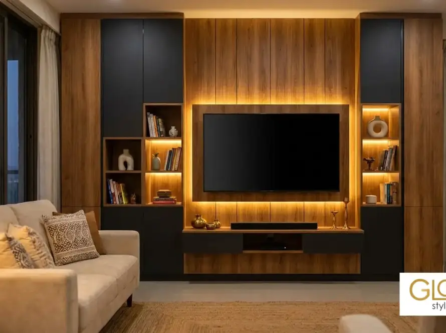 TV unit wall with warm wood laminate panelling, black storage units, and integrated lighting in a living room