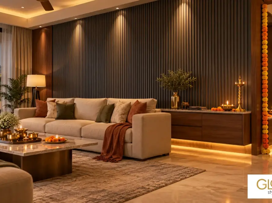 Living room with a charcoal panel feature wall lit by warm lamps and brass diyas, styled for Diwali