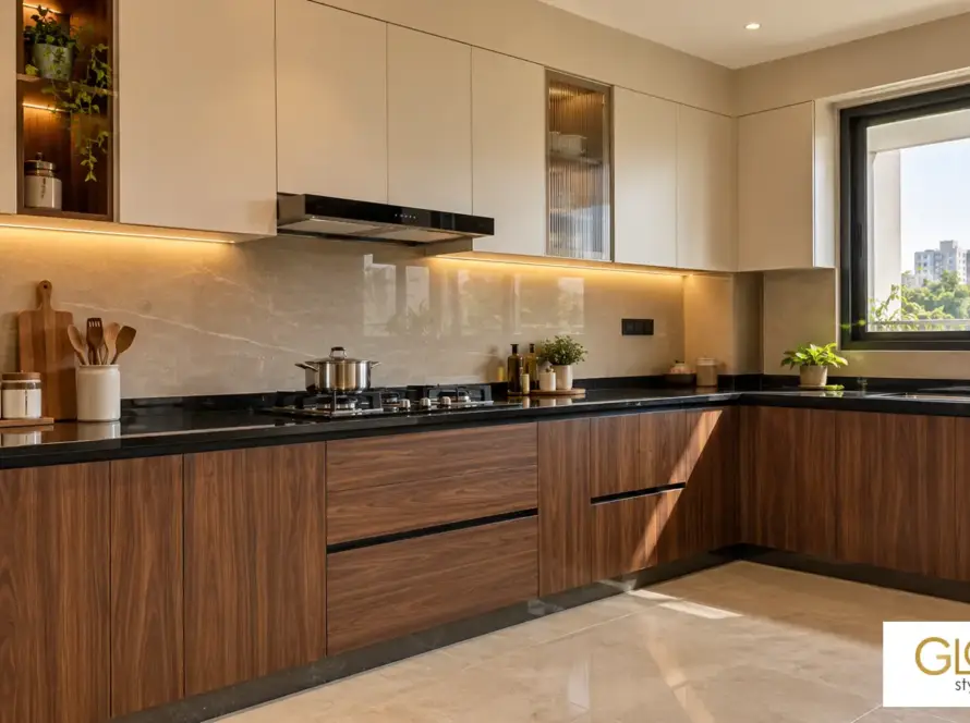 Modular kitchen with walnut woodgrain lower cabinets, off-white upper cabinets and a black granite countertop