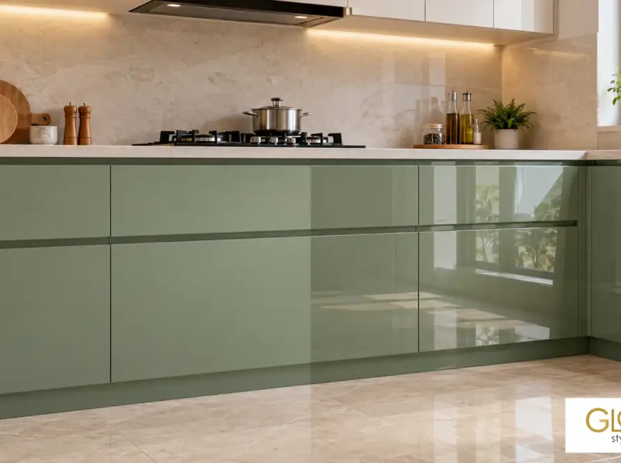 Kitchen cabinets shown half in matte and half in glossy laminate to compare reflection