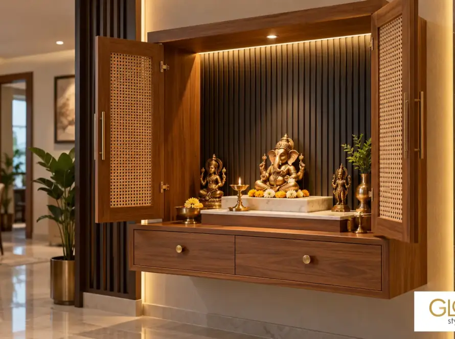 Wall-mounted pooja unit in woodgrain laminate with a backlit fluted back panel and cane-inset doors